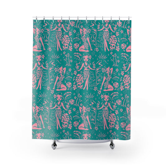 Tiki Temptress - Aqua and Pink • Shower Curtain