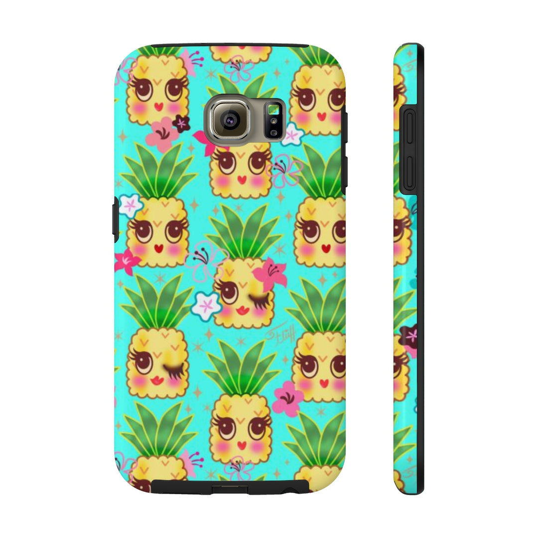 Happy Kawaii Cute Pineapples on Aqua • Phone Case