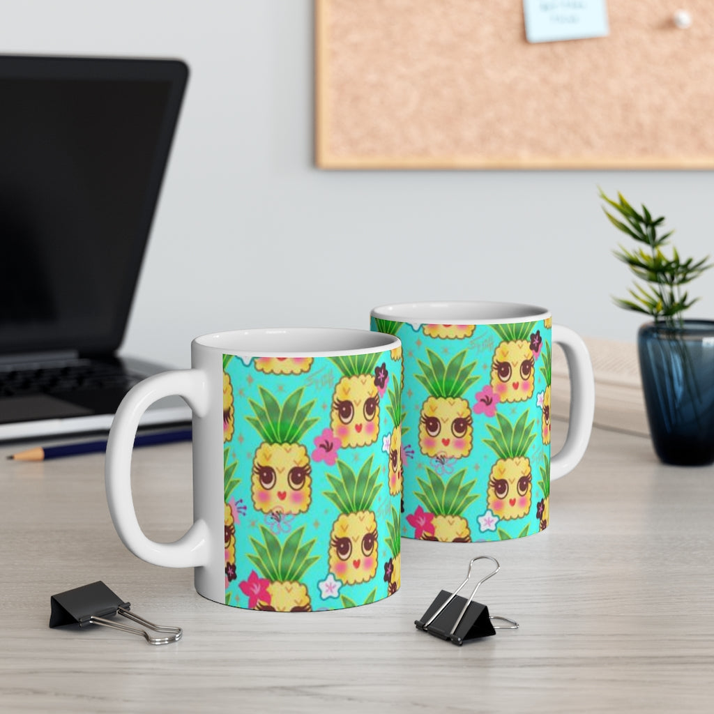 Happy Kawaii Cute Pineapples on Aqua • Mug 11oz