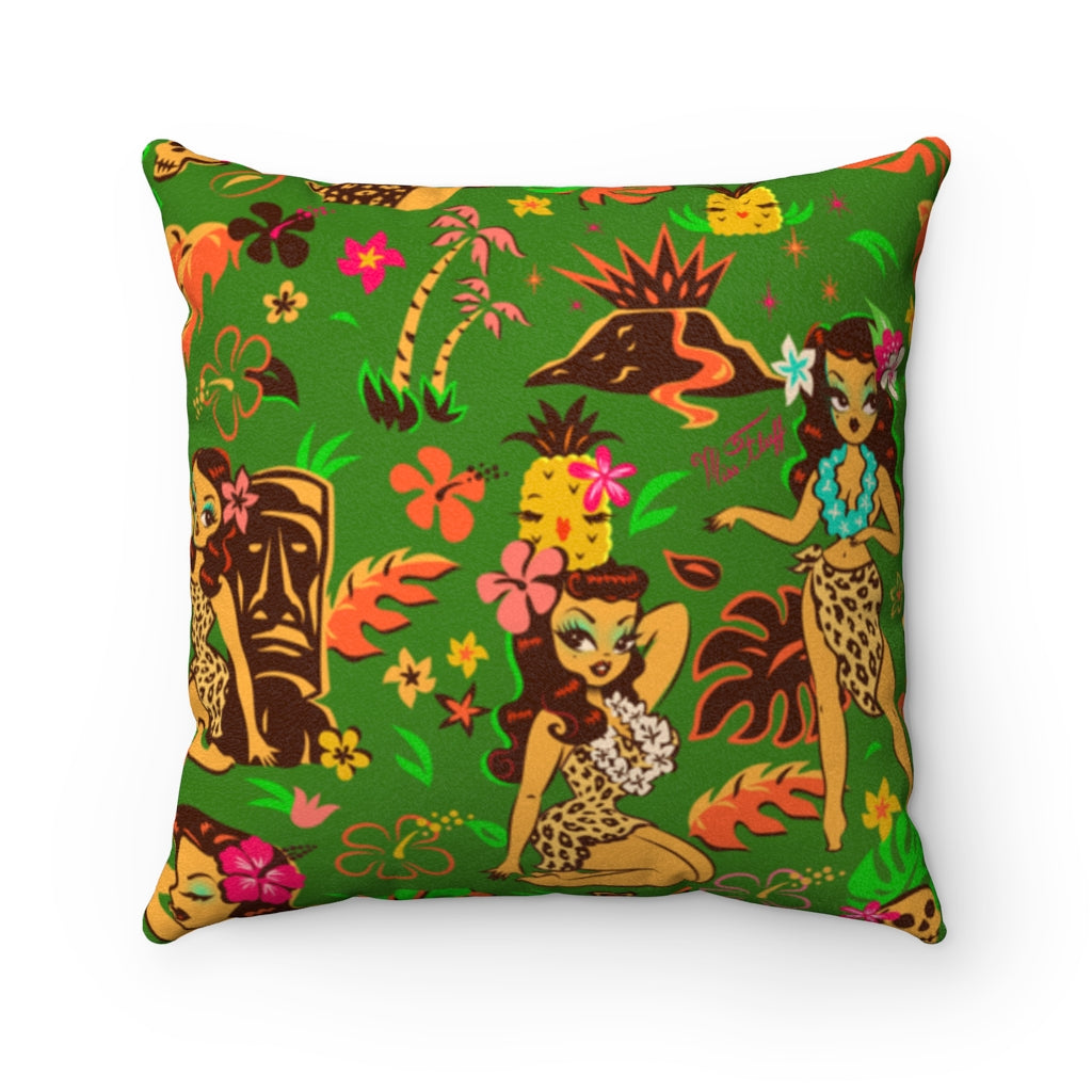 Tiki Temptress on Green • Faux Suede Pillow