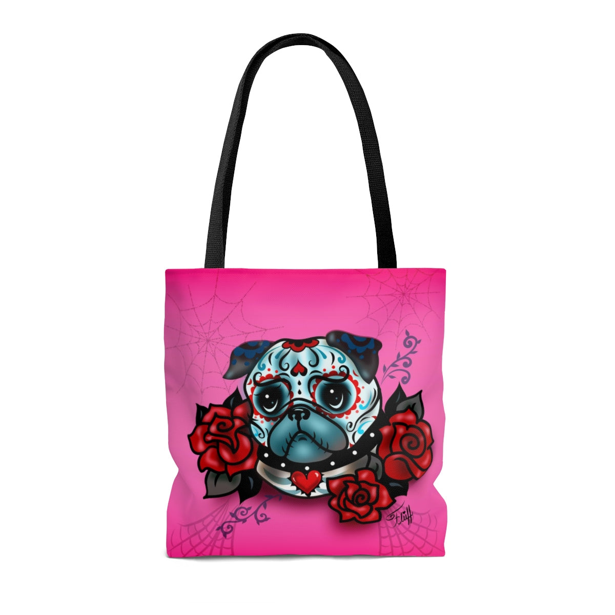 Sugar Skull Pug With Roses on Hot Pink • Tote Bag