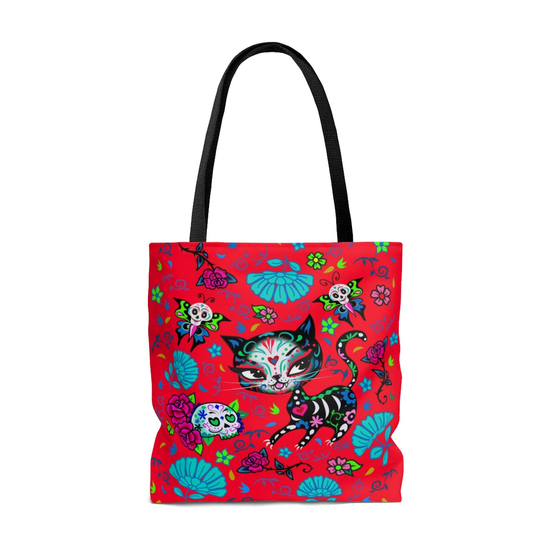 Sugar Skull Kitty on Red • Tote Bag