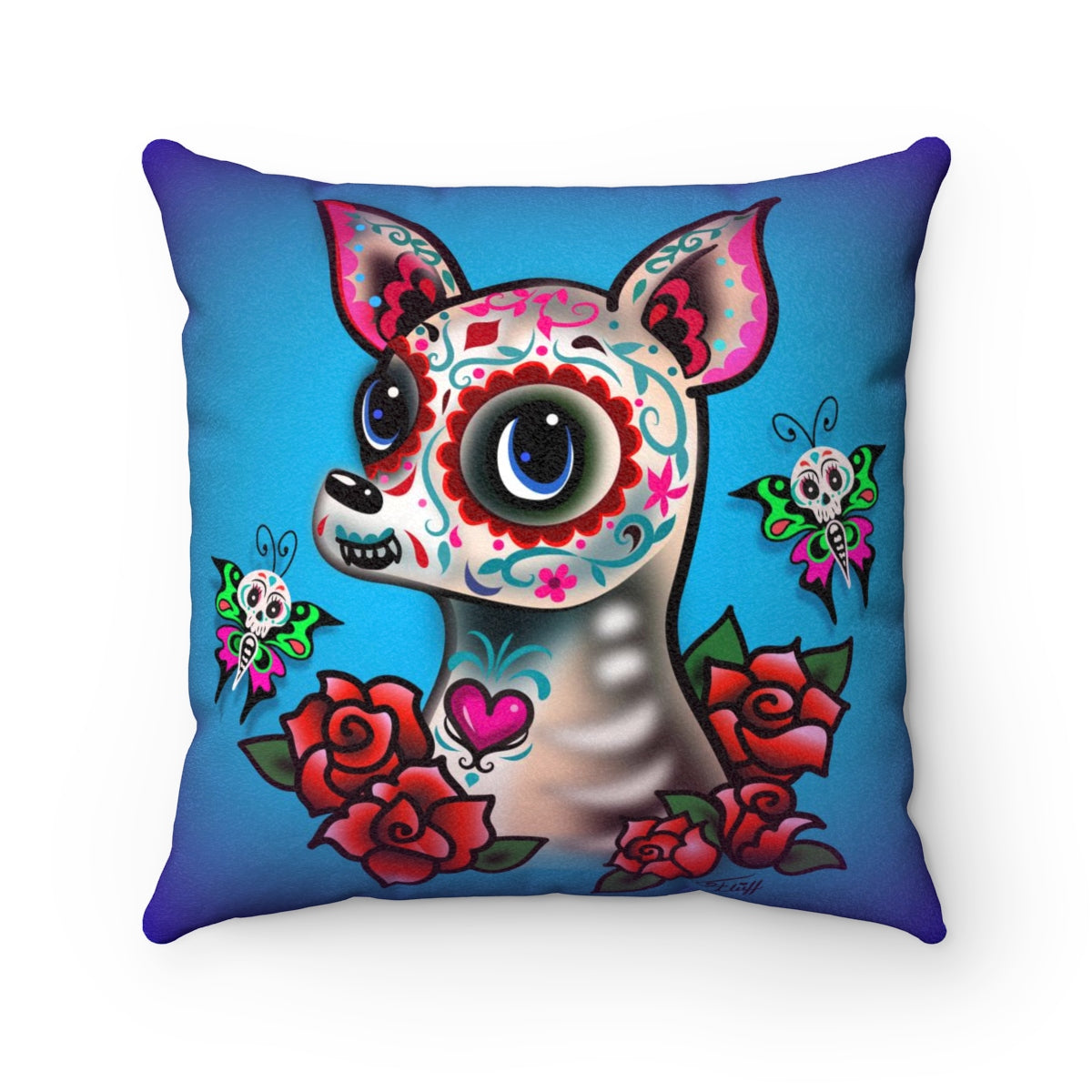 Sugar Skull Chihuahua Blue • Faux Suede Pillow
