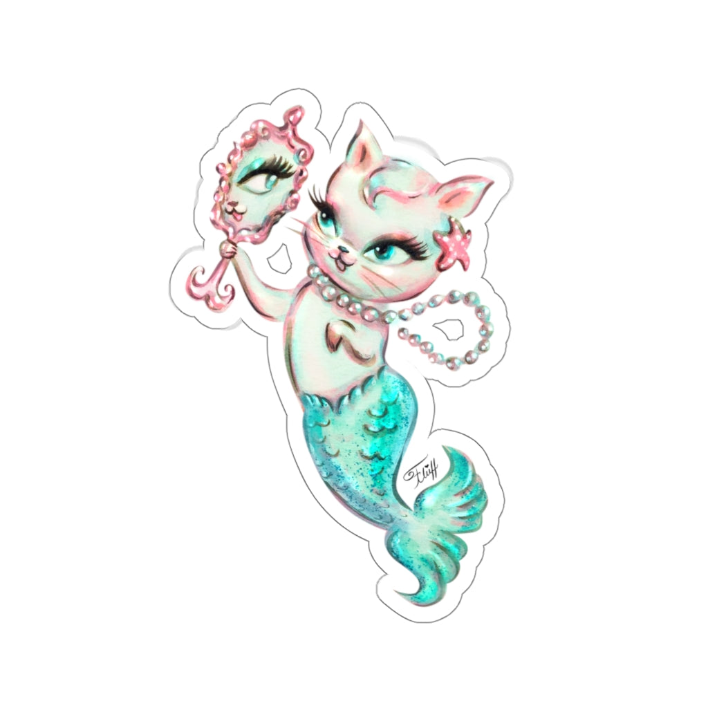 Merkitten with Mirror and Pearls Aqua • Kiss-Cut Sticker