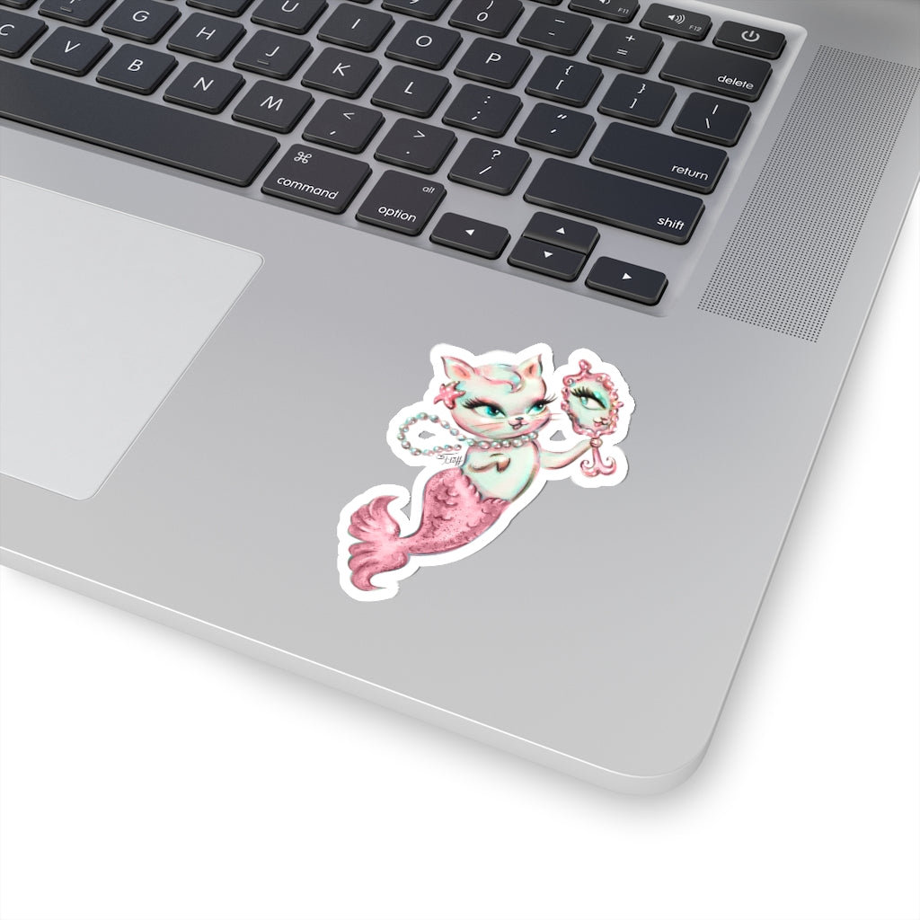 Merkitten with Mirror and Pearls Pink • Kiss-Cut Sticker