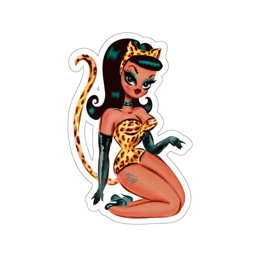 Brunette Leopard Cat Suit Pinup Girl • Kiss-Cut Sticker