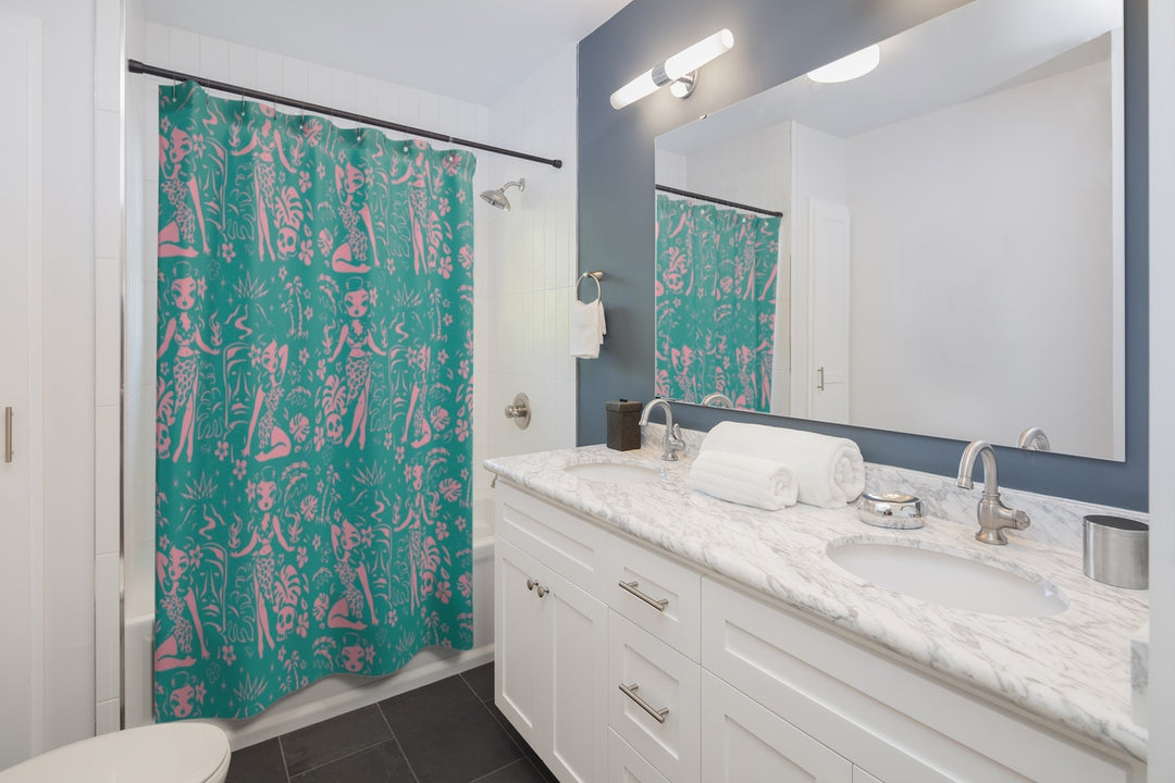 Tiki Temptress - Aqua and Pink • Shower Curtain