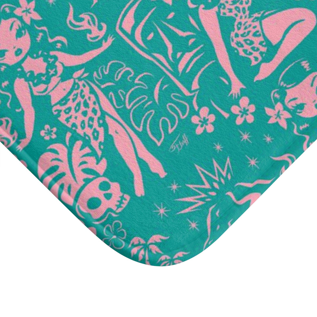 Tiki Temptress - Aqua and Pink • Bath Mat