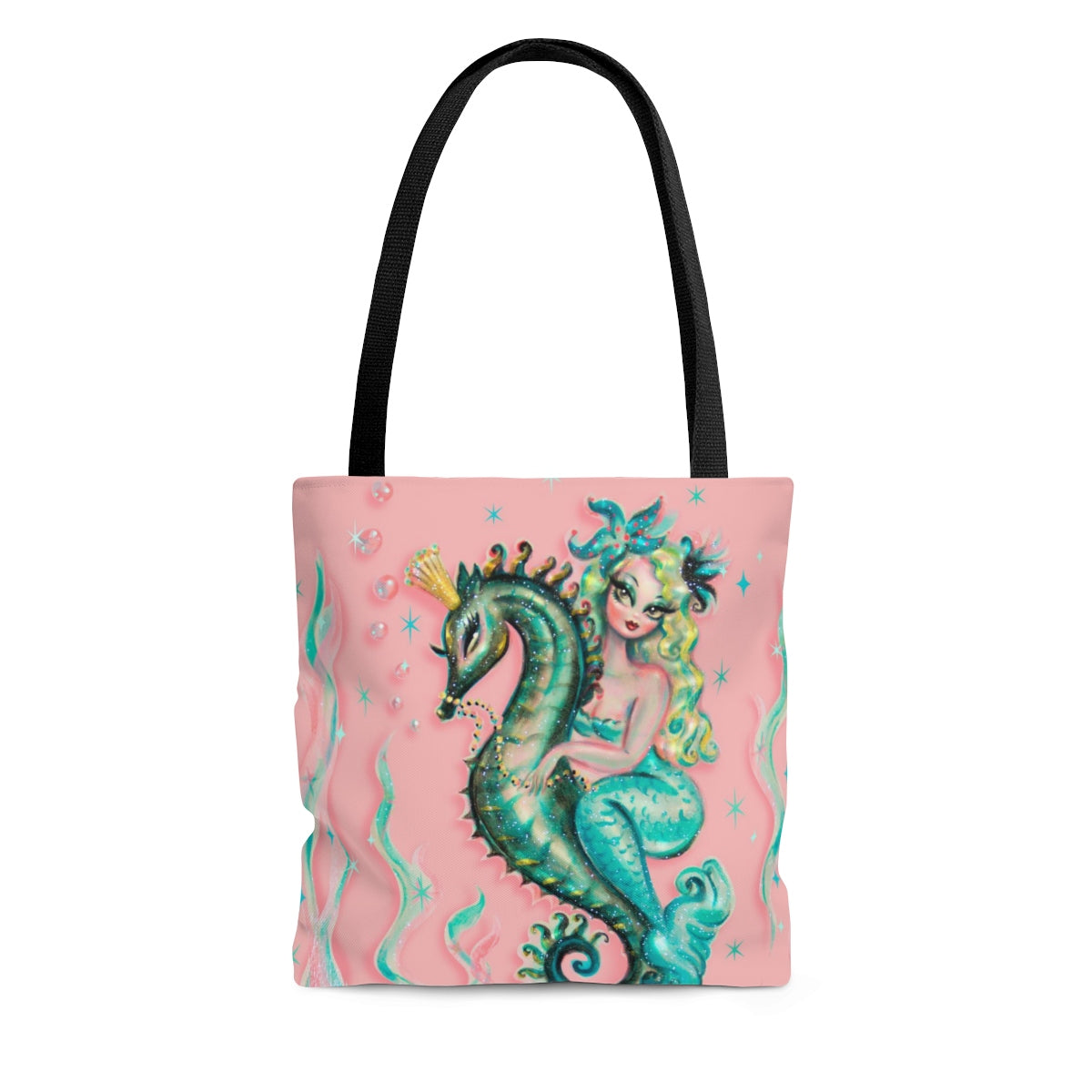 Blue Mermaid Riding a Seahorse Prince • Tote Bag