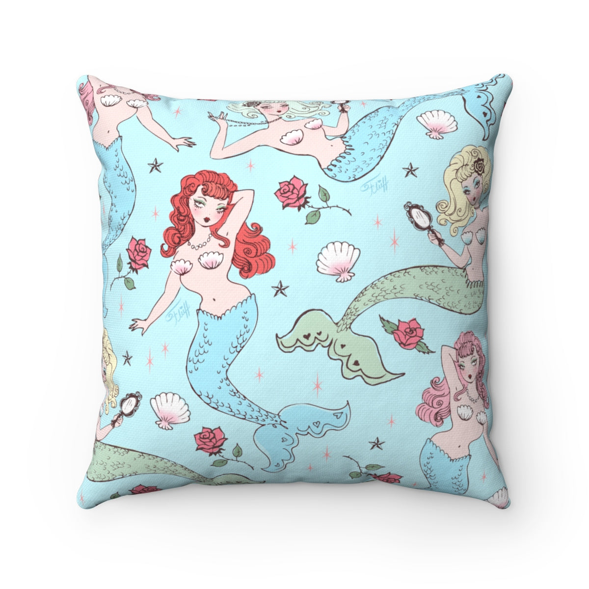 Mermaids and Roses on Aqua • Square Pillow
