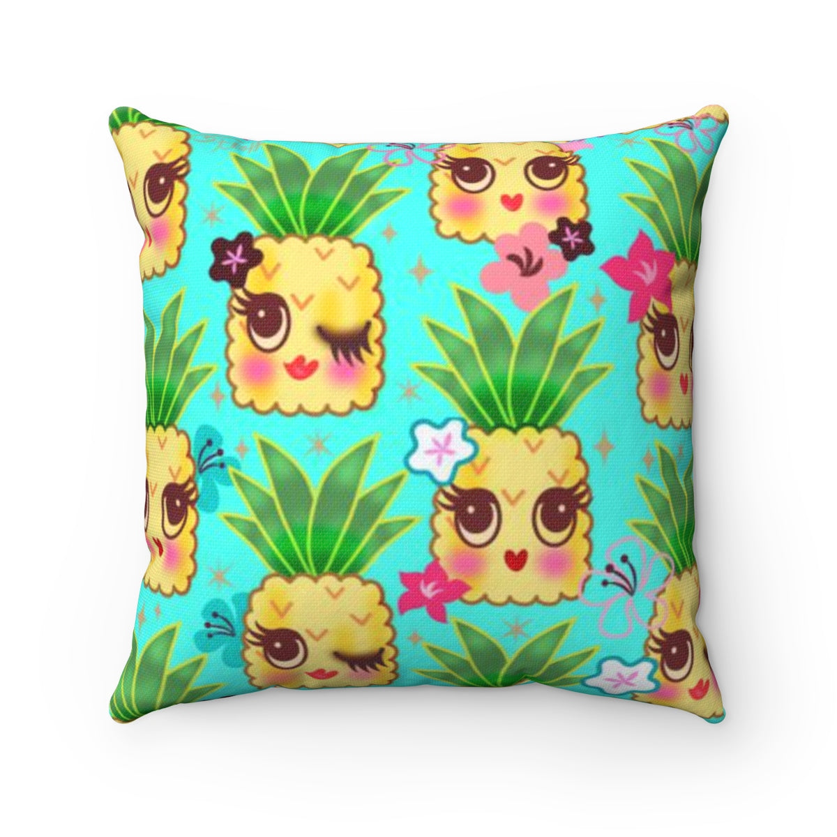 Happy Kawaii Cute Pineapples on Aqua • Square Pillow