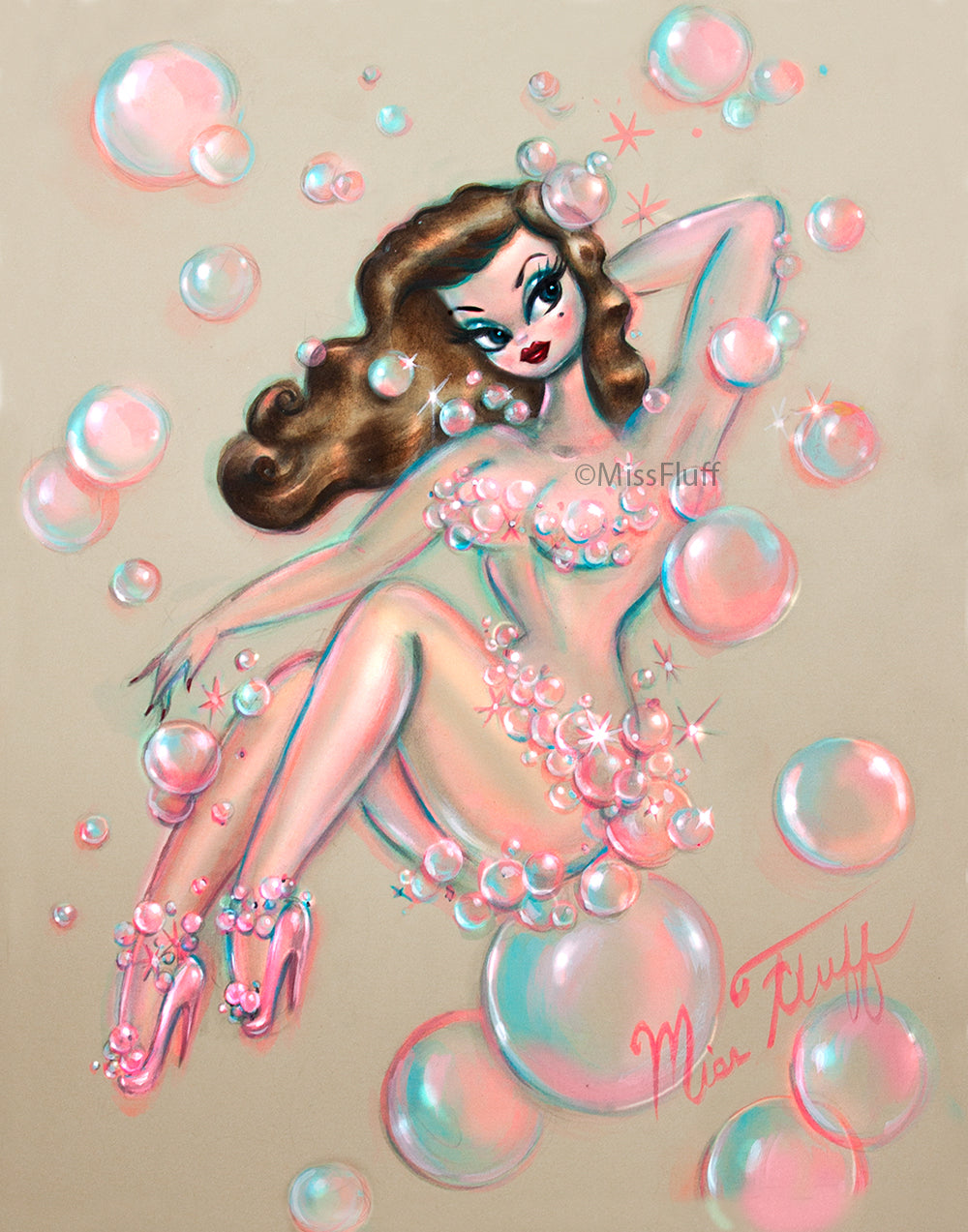 Brunette Bubble Pin Up Girl • Art Print