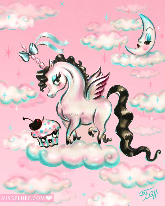 Baby Unicorn Pegasus with Cupcake • Art Print