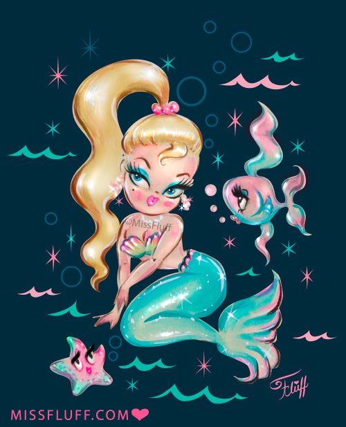 Blonde Babydoll Mermaid on Deep Blue • Art Print