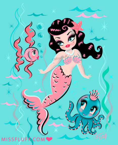 Babydoll Mermaid with Raven Hair and Octopus Prince • Art Print