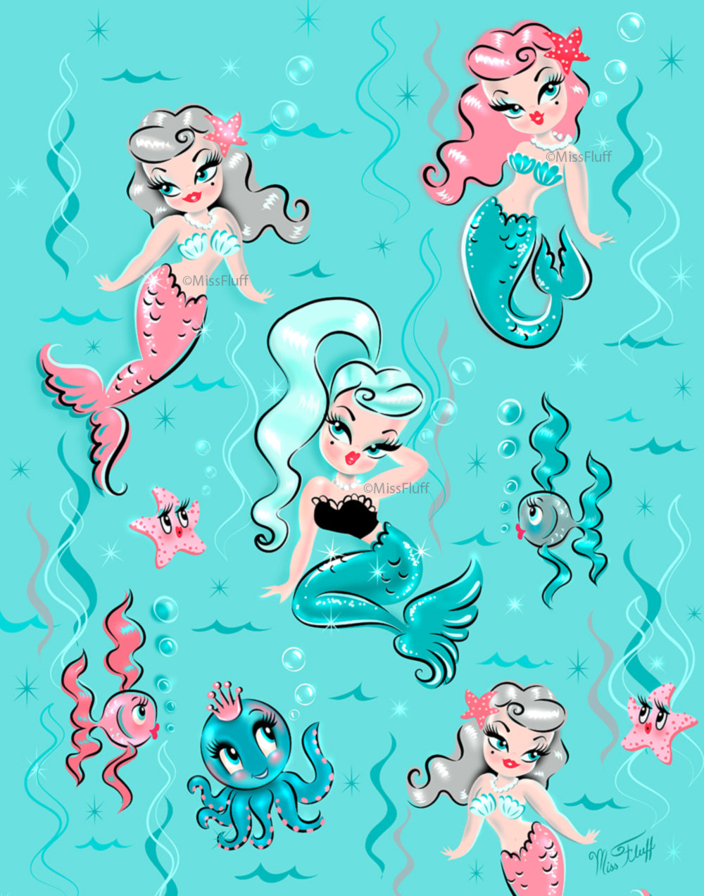 Babydoll Mermaids on Aqua • Art Print