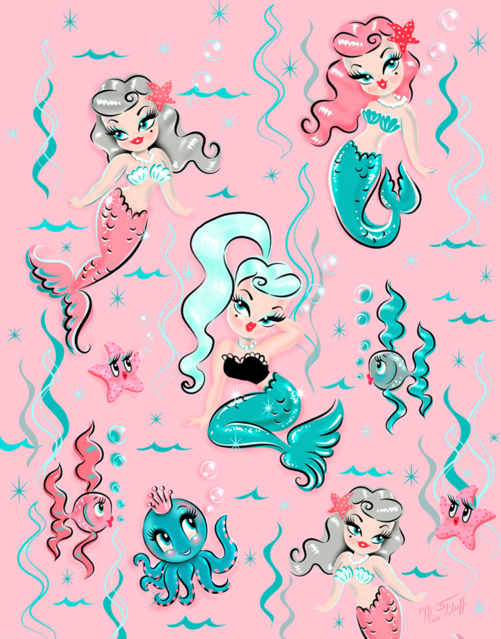 Babydoll Mermaids on Pink • Art Print