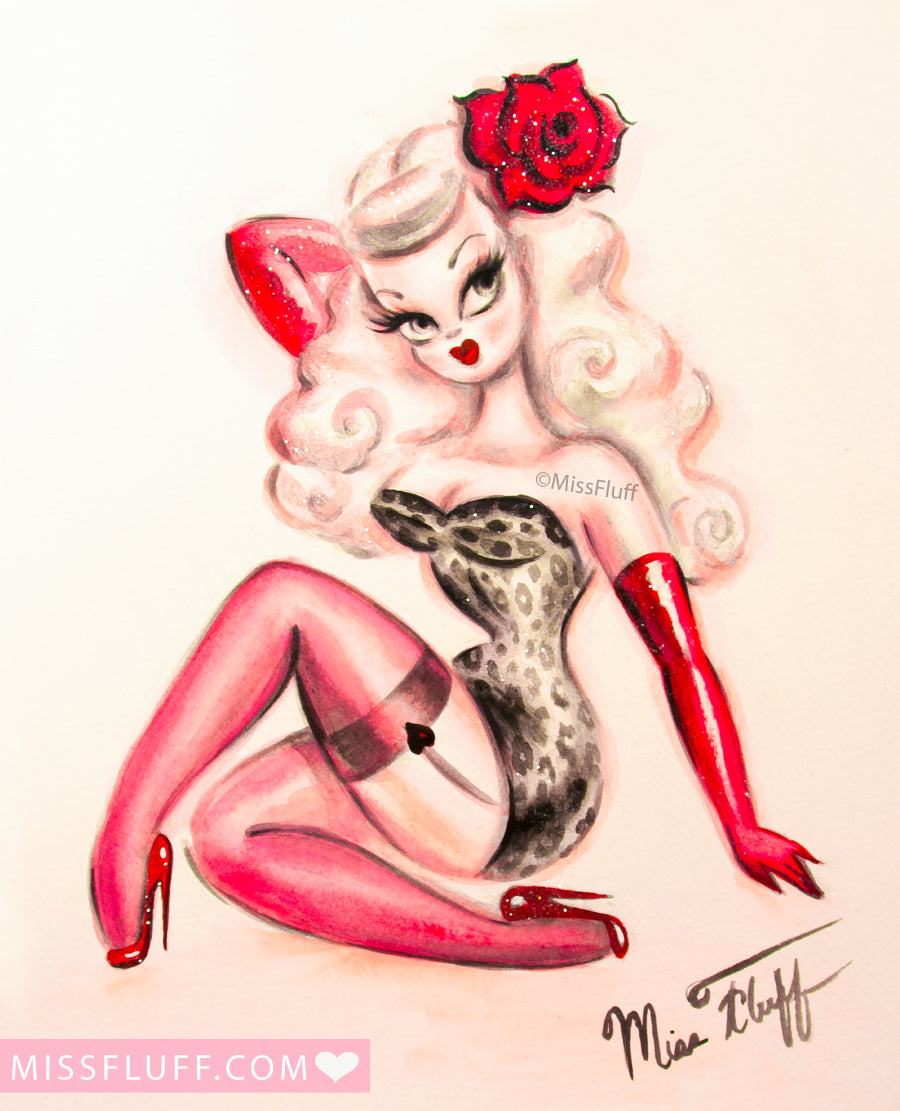 Blonde Pin Up Girl with Red Rose • Art Print