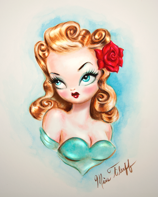 Rockabilly Babydoll Blonde with Red Rose • Art Print