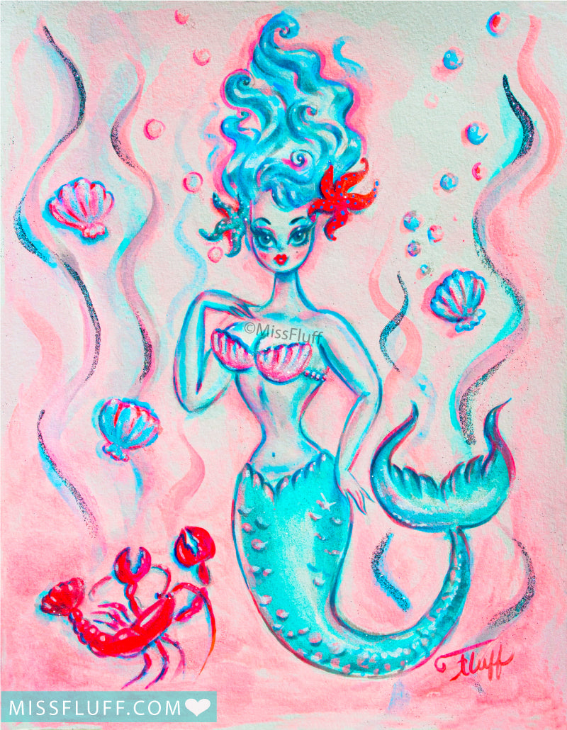Blue Mermaid with Lobster • Art Print