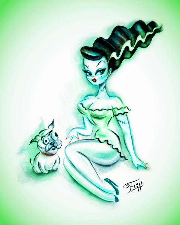 Bride of Frankenstein Sitting with Igor Bulldog • Art Print