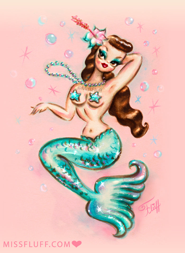 Brunette Mermaid with Pearls • Art Print