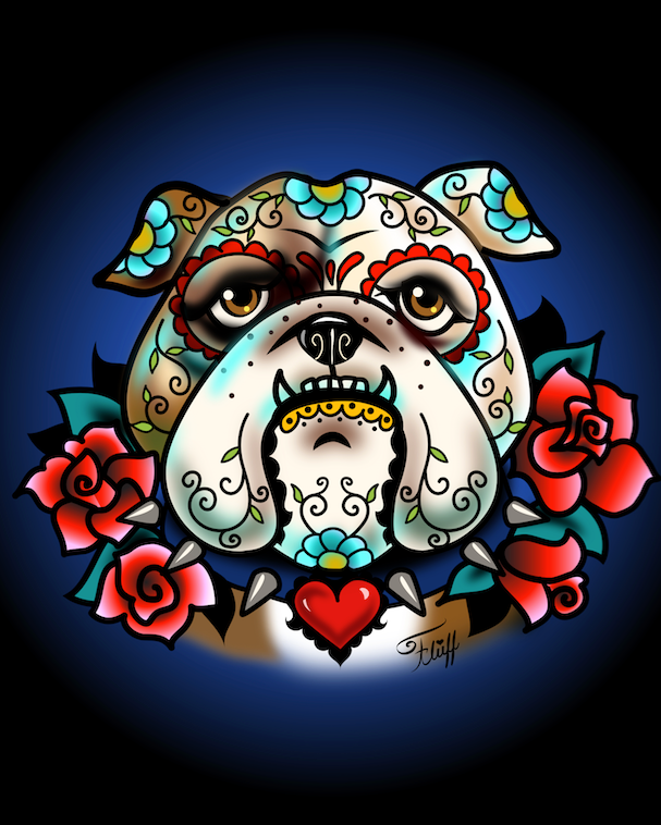 Sugar Skull Bulldog With Roses • Art Print