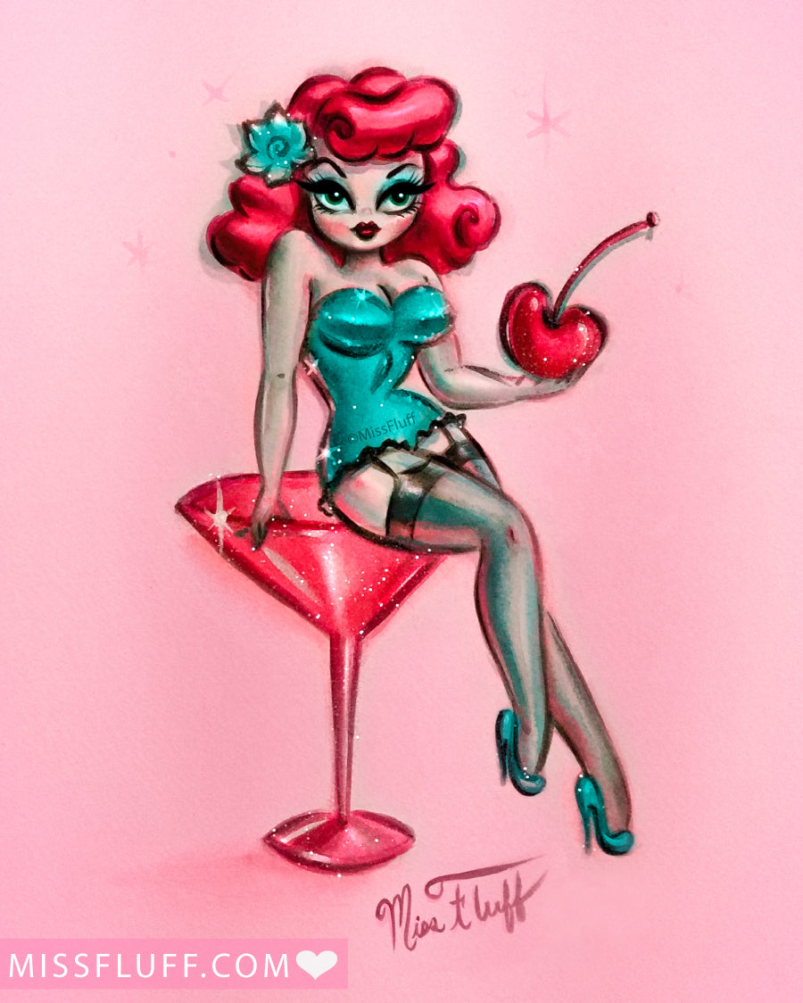 Candy Redhead Cherry Martini Girl • Art Print