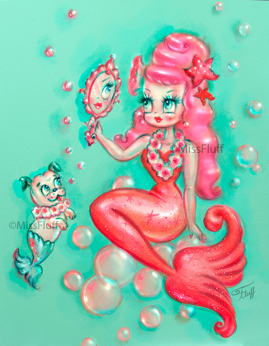 Coral Babydoll Mermaid with Mirror • Art Print