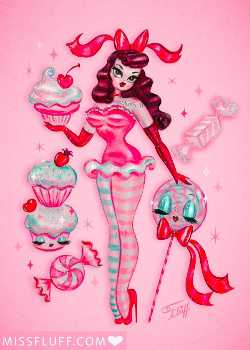 Brunette Cupcake Doll with Lollipop • Art Print