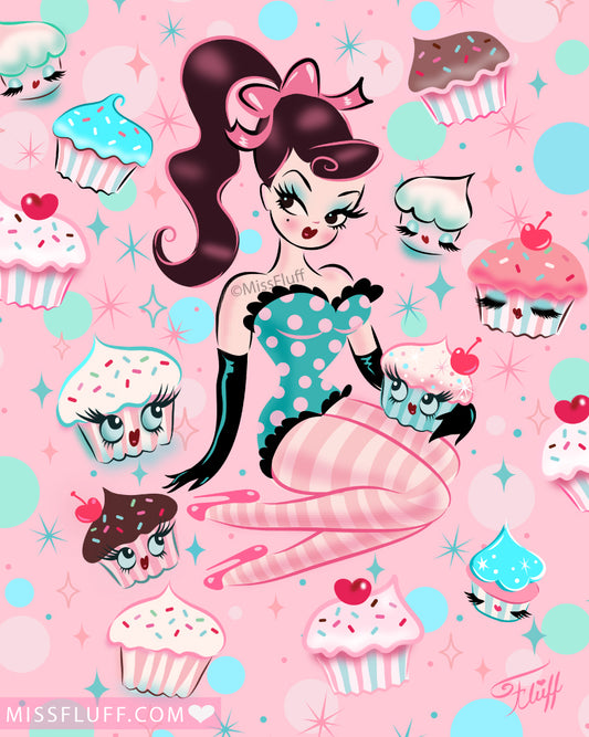 Cupcake Doll with Chocolate Hair on Pink • Art Print