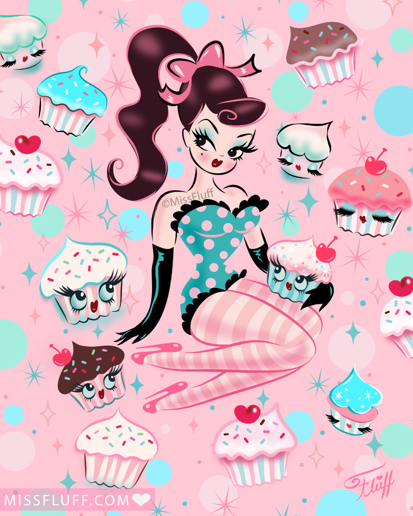 Cupcake Doll with Chocolate Hair on Pink • Art Print