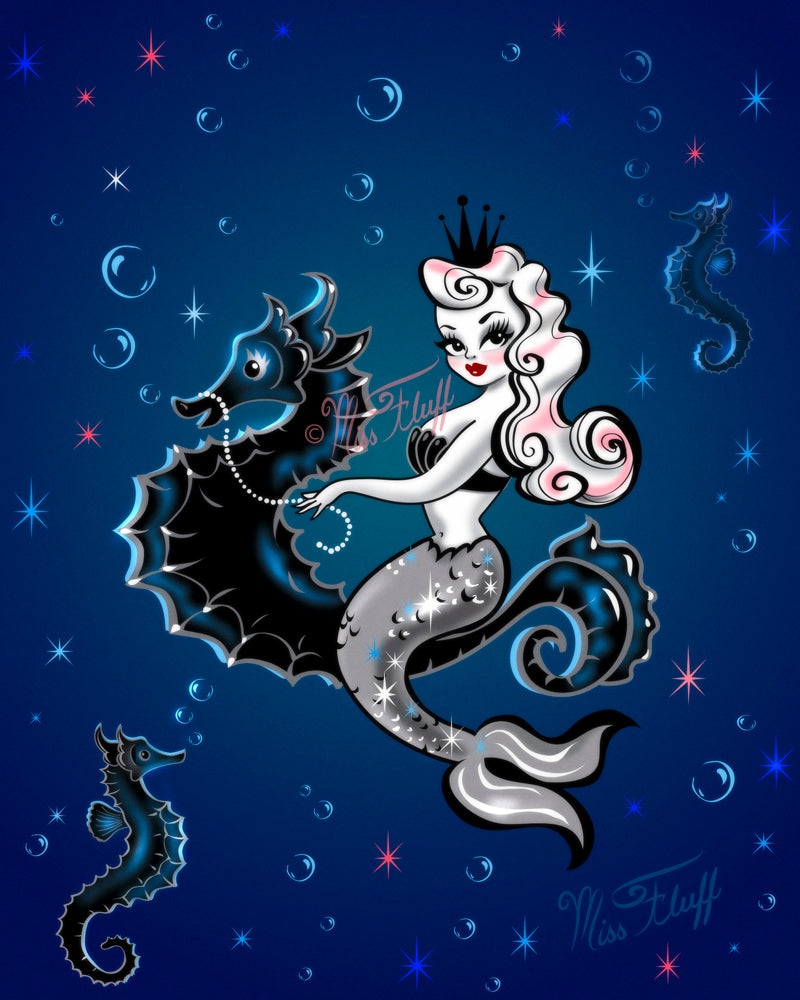 Pearla Riding a Seahorse on Deep Blue • Art Print
