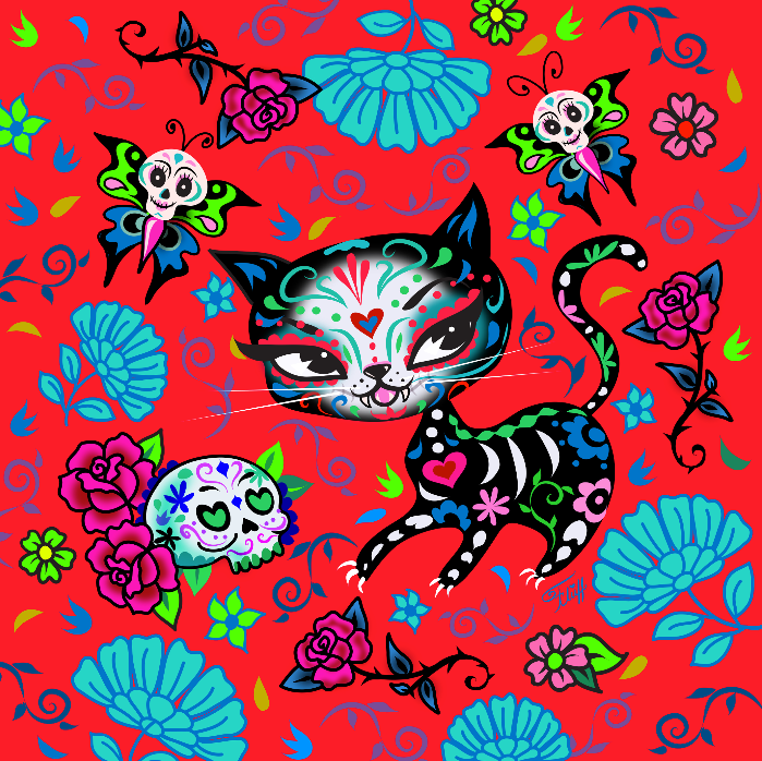 Sugar Skull Kitty on Red • Art Print