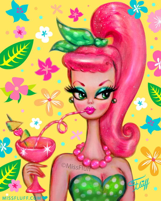 Doll with Pink Pony Tail Sipping a Tropical Cocktail • Art Print