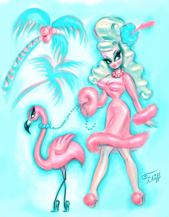 Palm Springs Glamour Doll Walking a Flamingo • Art Print