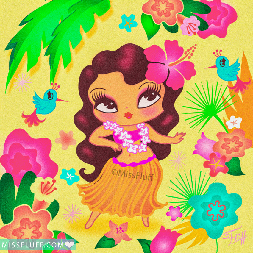 Hula Lulu with Tropical Flowers and Birds • Art Print