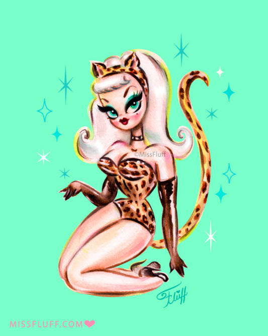 Leopard Cat Suit Pinup Girl • Art Print