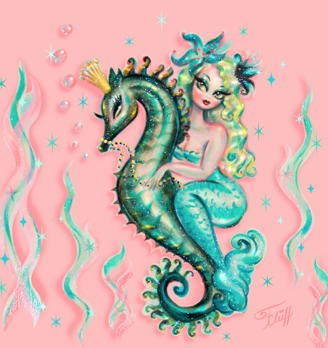 Blue Mermaid Riding a Seahorse Prince • Art Print