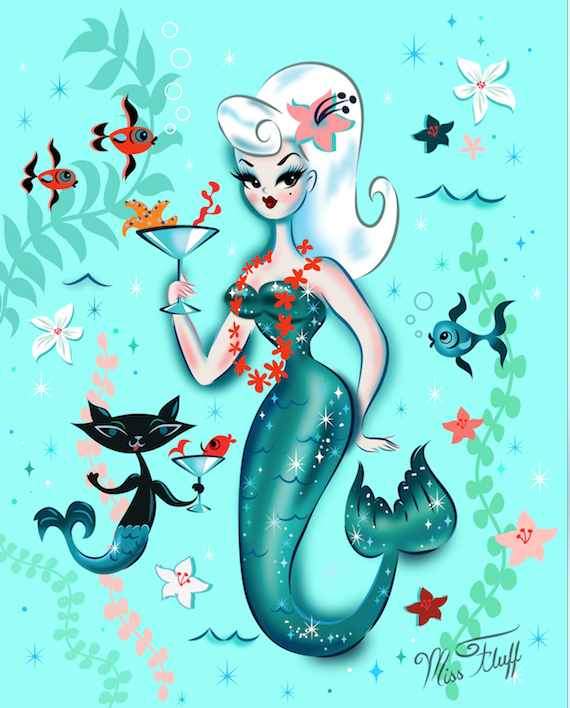 Blonde Martini Mermaid with Merkitty • Art Print