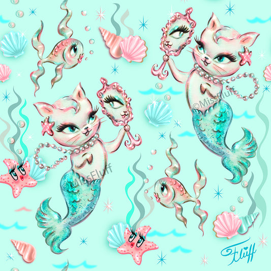 Merkittens with Pearls Aqua• Art Print