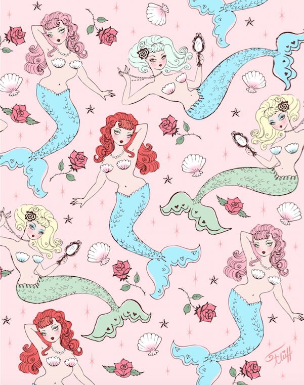 Mermaids and Roses on Pink • Art Print