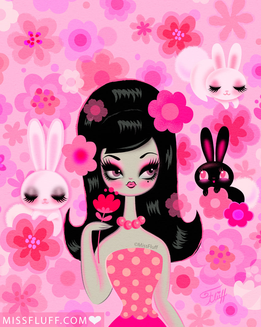 Mod Girl with Bunnies and Flowers • Art Print