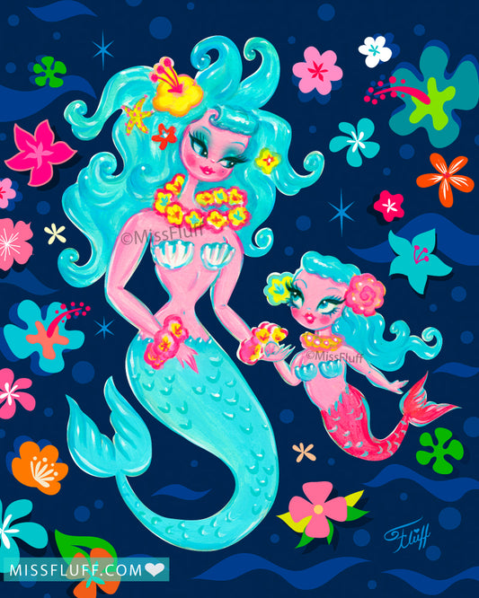 Mermaid Mama with Baby Girl Mermaid • Art Print