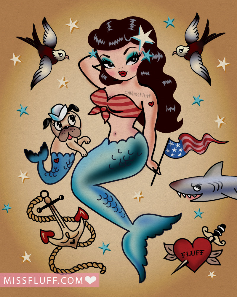 Patriotic Pinup Mermaid with Merpup • Art Print