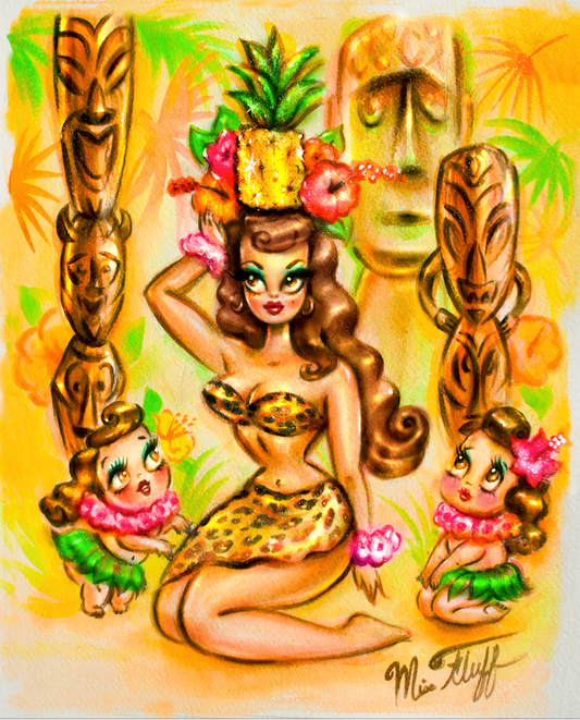 Pineapple Island Girl with Tikis • Art Print