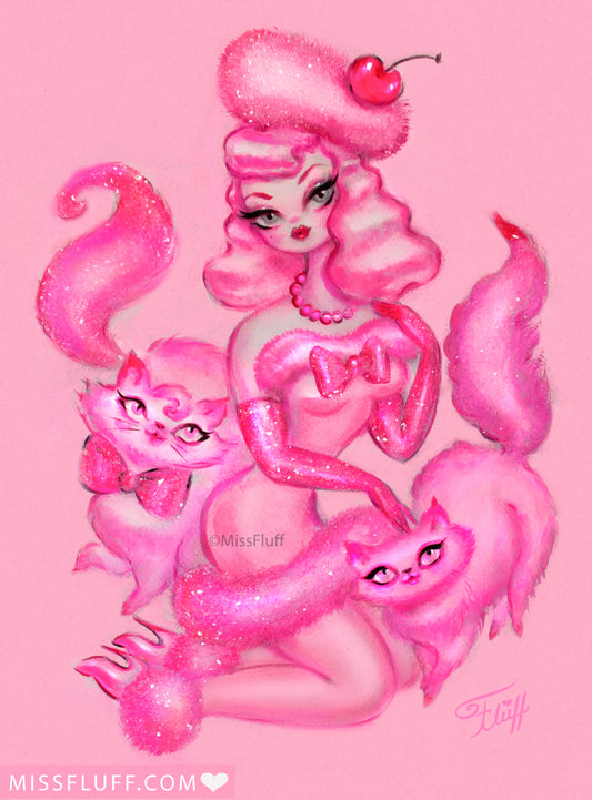 Pink Lady with Kitties • Art Print