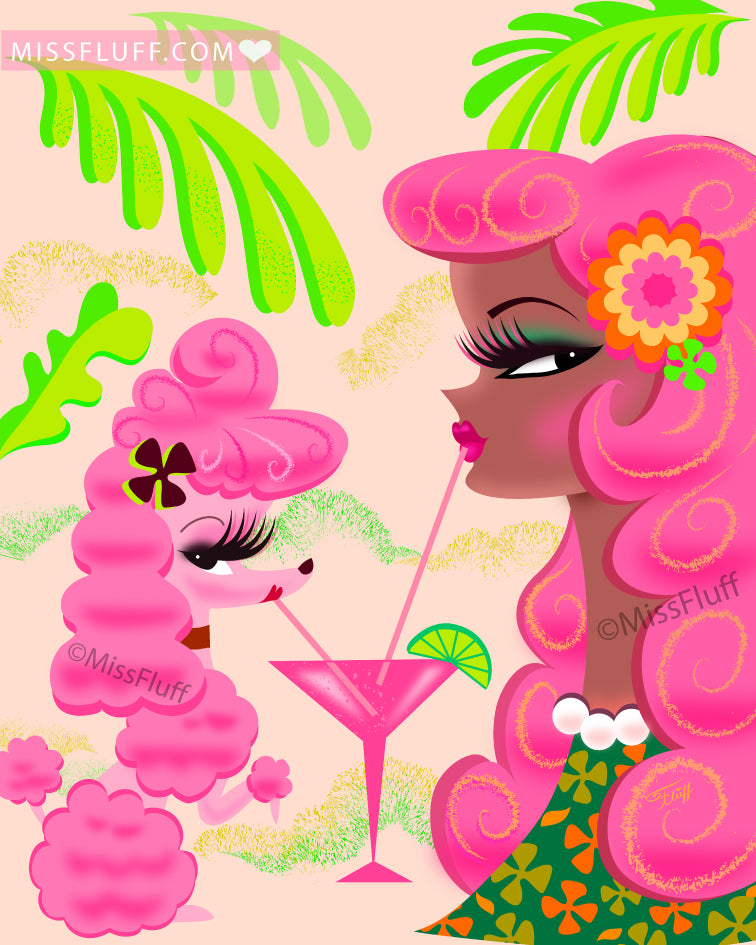 Pink Poodle Martini Girl Mocha • Art Print