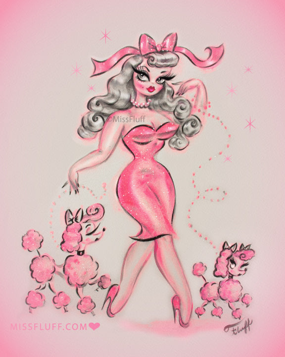 Pinup in Pink with Poodles • Art Print