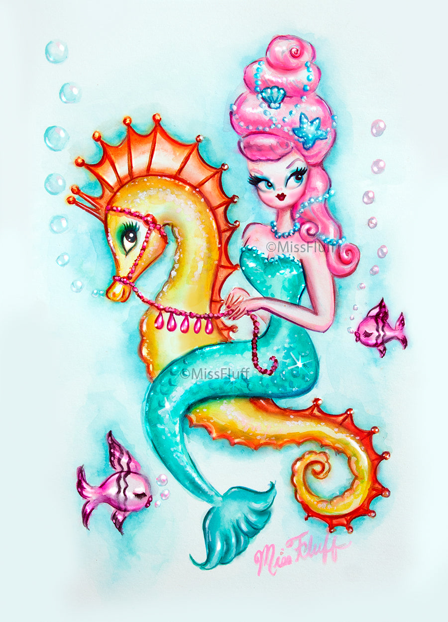 Pink Bouffant Mermaid Riding a Seahorse • Art Print